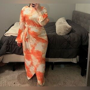 PrettyLittleThings - orange watercolor print tassel tie wrap dress